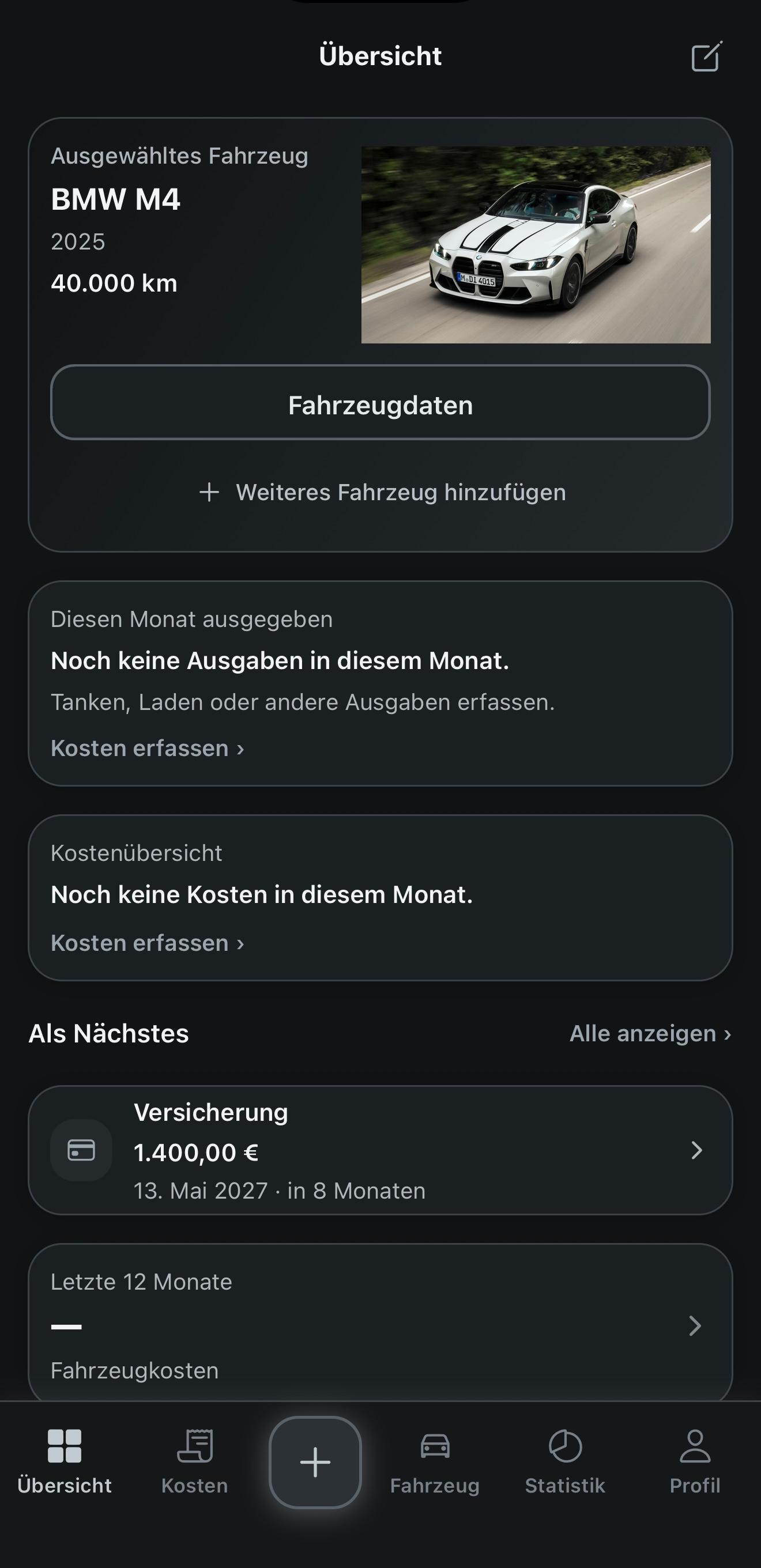 The Motyvo Übersicht mit BMW M4, Fahrzeugkosten und nächstem Termin